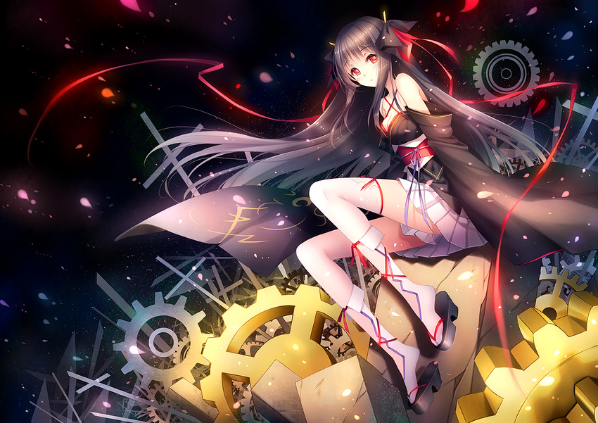 black_hair breasts chinese_commentary cleavage commentary_request detached_sleeves female gears hair_ribbon japanese_clothes long_hair long_legs machine-doll_wa_kizutsukanai medium_breasts red_eyes ribbon sitting skirt thighhighs tidsean very_long_hair white_legwear yaya_(machine-doll)