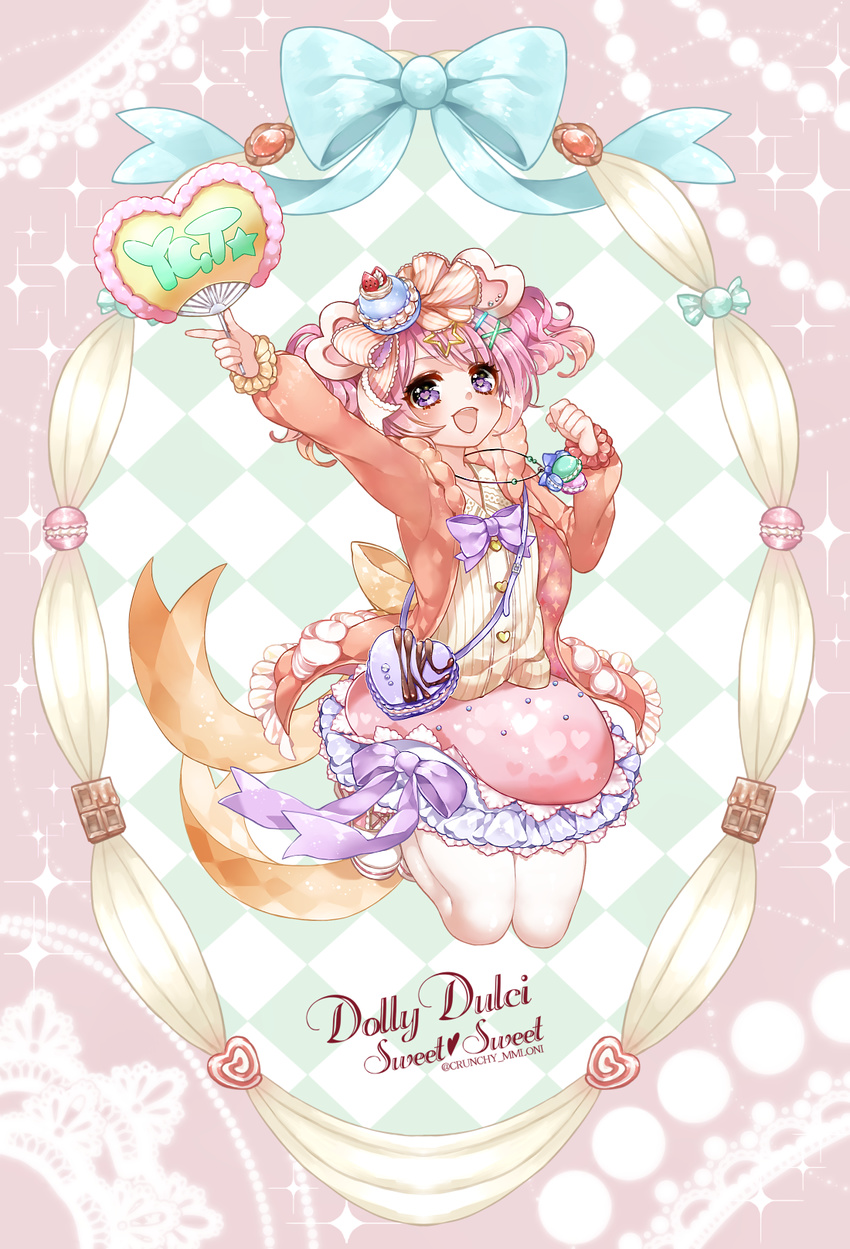 :d argyle_background arm_up bad_id bad_pixiv_id bag blush bow candy clenched_hand english_text female food food-themed_hair_ornament fruit full_body group_name hair_ornament hand_fan handbag heart heart-shaped_pupils heart_print highres holding holding_fan index_finger_raised jacket jewelry lace legs_up long_sleeves macaron mamaloni necklace open_clothes open_jacket open_mouth pantyhose pig_macaron_(show_by_rock!!) pink_background pink_hair pink_jacket purple_bow purple_eyes shirt shoes short_hair show_by_rock!! skirt smile solo sparkle star_(symbol) star_hair_ornament strawberry swept_bangs symbol-shaped_pupils twintails twitter_username white_pantyhose white_shirt wrapped_candy