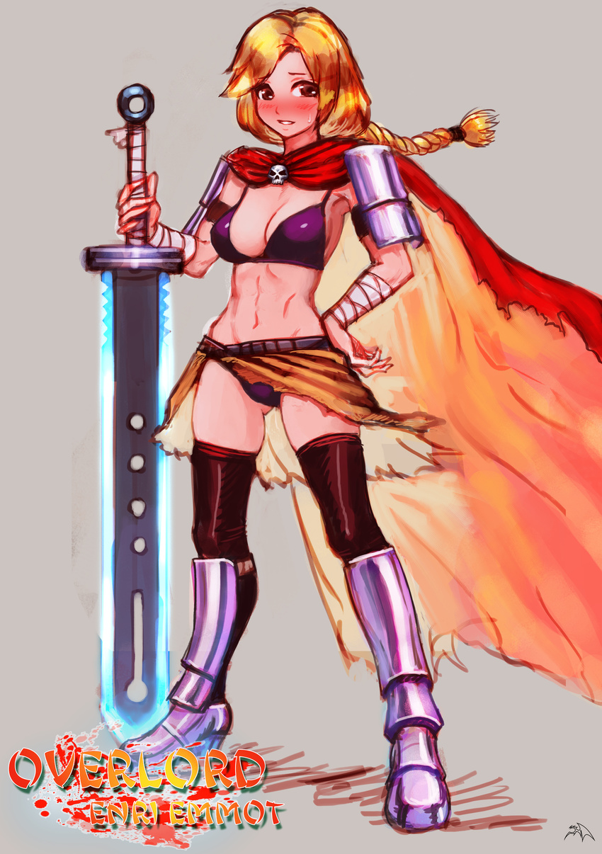 armor bandage bikini blonde_hair blush braid brown_eyes cape darkmuleth english enri_emmot female greaves muscle overlord_(maruyama) shoulder_armor single_braid skull solo sword weapon