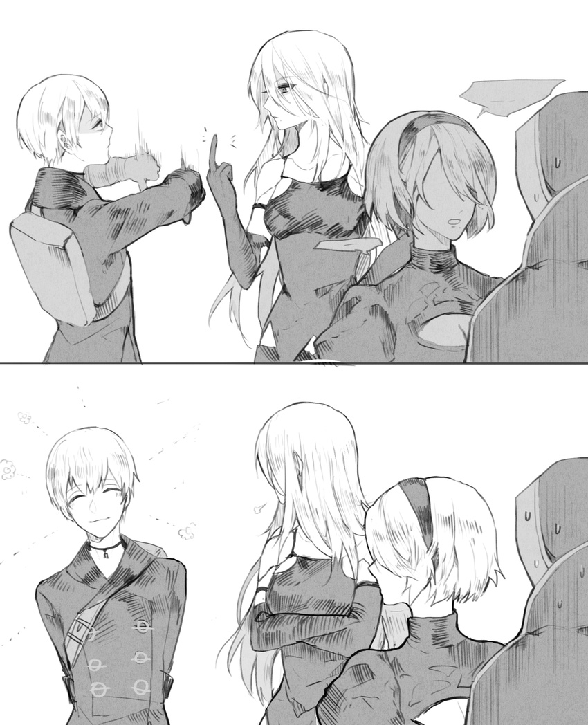 1boy 2b_(nier:automata) 2girls 9s_(nier:automata) a2_(nier:automata) bad_id bad_twitter_id bare_shoulders blush breasts closed_eyes elbow_gloves gloves greyscale headband highres long_hair looking_back medium_breasts middle_finger mole mole_under_mouth monochrome multiple_girls nahonanaho nier:automata nier_(series) short_hair smile thumbs_down