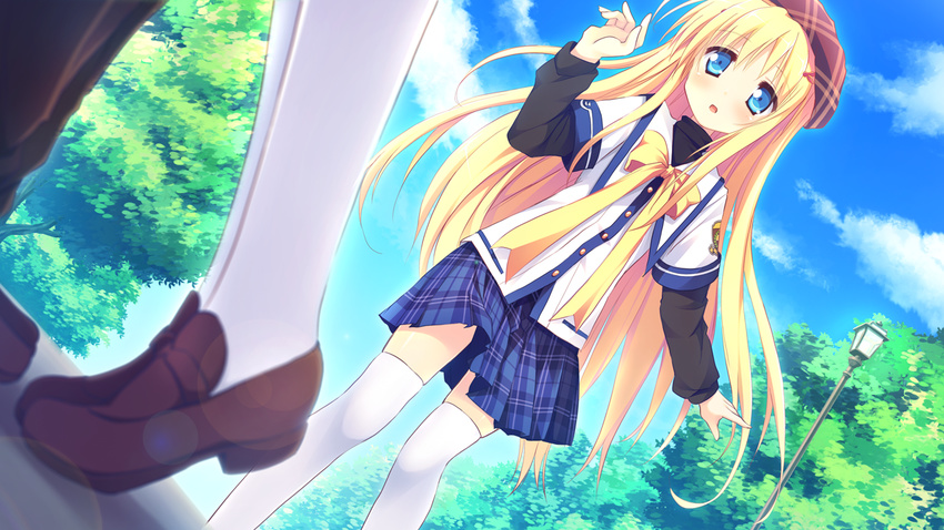 alcot blonde_hair blue_eyes bow clover_day's game_cg hat nimura_yuushi seifuku skirt takakura_anzu thighhighs