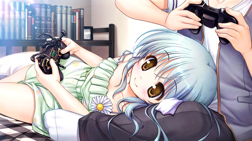 1boy aqua_hair bekkankou blush book brown_eyes clock controller daitoshokan_no_hitsujikai dress female floral_print flower game_cg game_controller gamepad hair_ribbon lap_pillow lying on_side playing_games print_dress ribbon strap_slip sundress sunflower ureshino_sayumi