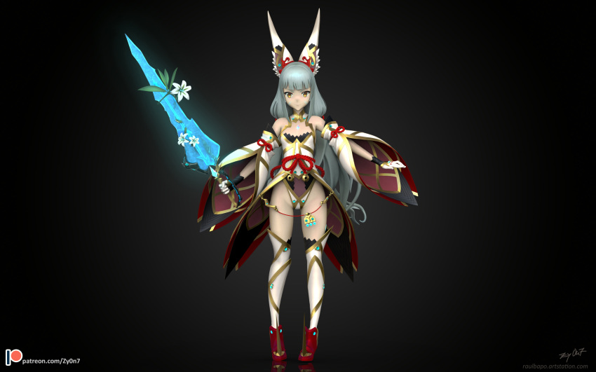 animal_ears bangs bare_shoulders blunt_bangs cat_ears female gloves japanese_clothes kimono long_hair looking_at_viewer niyah ribbon silver_hair simple_background solo spoilers sword weapon xenoblade_(series) xenoblade_2 yellow_eyes zy0n7