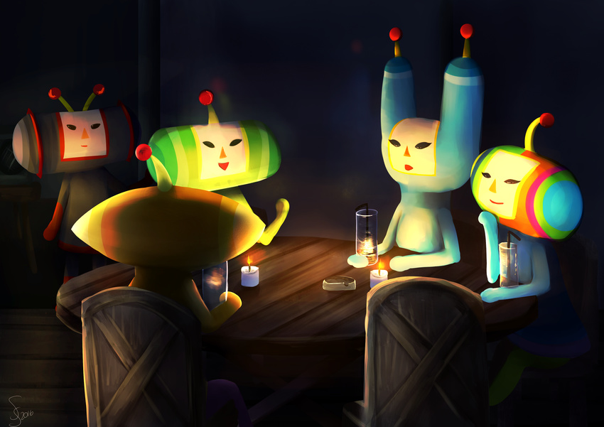 2girls 3boys ace_(katamari_damacy) candles chairs foomin_(katamari_damacy) glass highres katamari_damacy kuro_(katamari_damacy) marcy_(katamari_damacy) multiple_boys multiple_girls night outside reflection straw table the_prince window