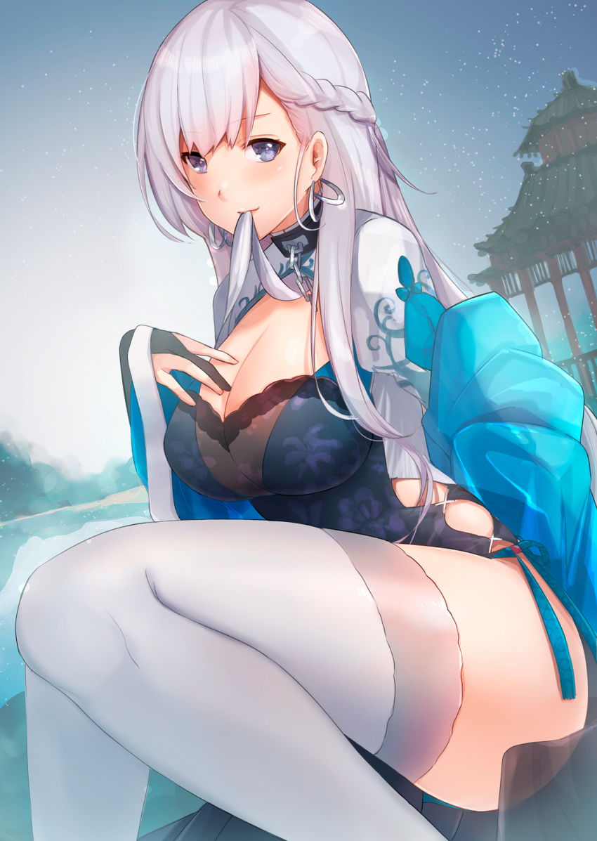 azur_lane belfast_(azur_lane) belfast_(iridescent_rosa)_(azur_lane) black_gloves blue_dress blue_eyes blue_panties blush braid breasts chains china_dress chinese_clothes cleavage cleavage_cutout clothing_cutout collar commentary_request dress earrings female french_braid gloves hand_on_own_chest highres jewelry kelly_0w0 large_breasts long_hair long_sleeves looking_at_viewer official_alternate_costume outdoors panties partially_fingerless_gloves pelvic_curtain side-tie_panties side_braid side_slit sitting smile solo string_panties thighhighs thighs underwear white_hair white_thighhighs