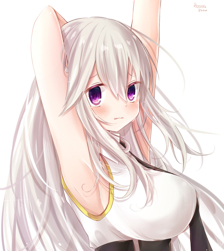 armpits arms_up azur_lane black_necktie blush breasts collared_shirt commentary_request enterprise_(azur_lane) female highres large_breasts long_hair looking_at_viewer necktie open_mouth purple_eyes shimashiro_itsuki shirt sideboob sleeveless sleeveless_shirt solo underbust white_hair