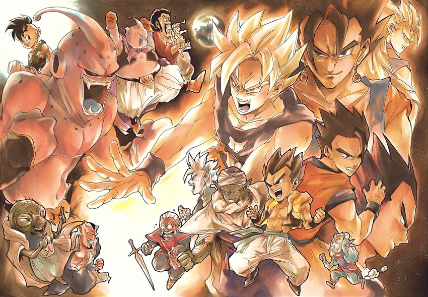 6+boys afro animal antennae babidi bad_id bad_pixiv_id bee_(dragon_ball) black_eyes black_hair black_nails blonde_hair canine clenched_teeth dabura dekopin08 dougi dragon_ball dragon_ball_z dual_persona earrings earth_(planet) evil_smile facial_hair fangs fat_buu gotenks green_eyes hair_over_one_eye hair_slicked_back hat jewelry kibito majin_buu male_focus metamoran_vest mohawk moustache mr._satan multiple_boys nail_polish open_mouth photoshop_(medium) piccolo planet potara_earrings rou_kaioushin shin_(dragon_ball) shoulder_pads smile son_gohan son_goku spiked_hair super_buu super_saiyan super_saiyan_1 super_saiyan_3 sword teeth torn_clothes uub vegeta vegetto vest weapon wristband z_sword