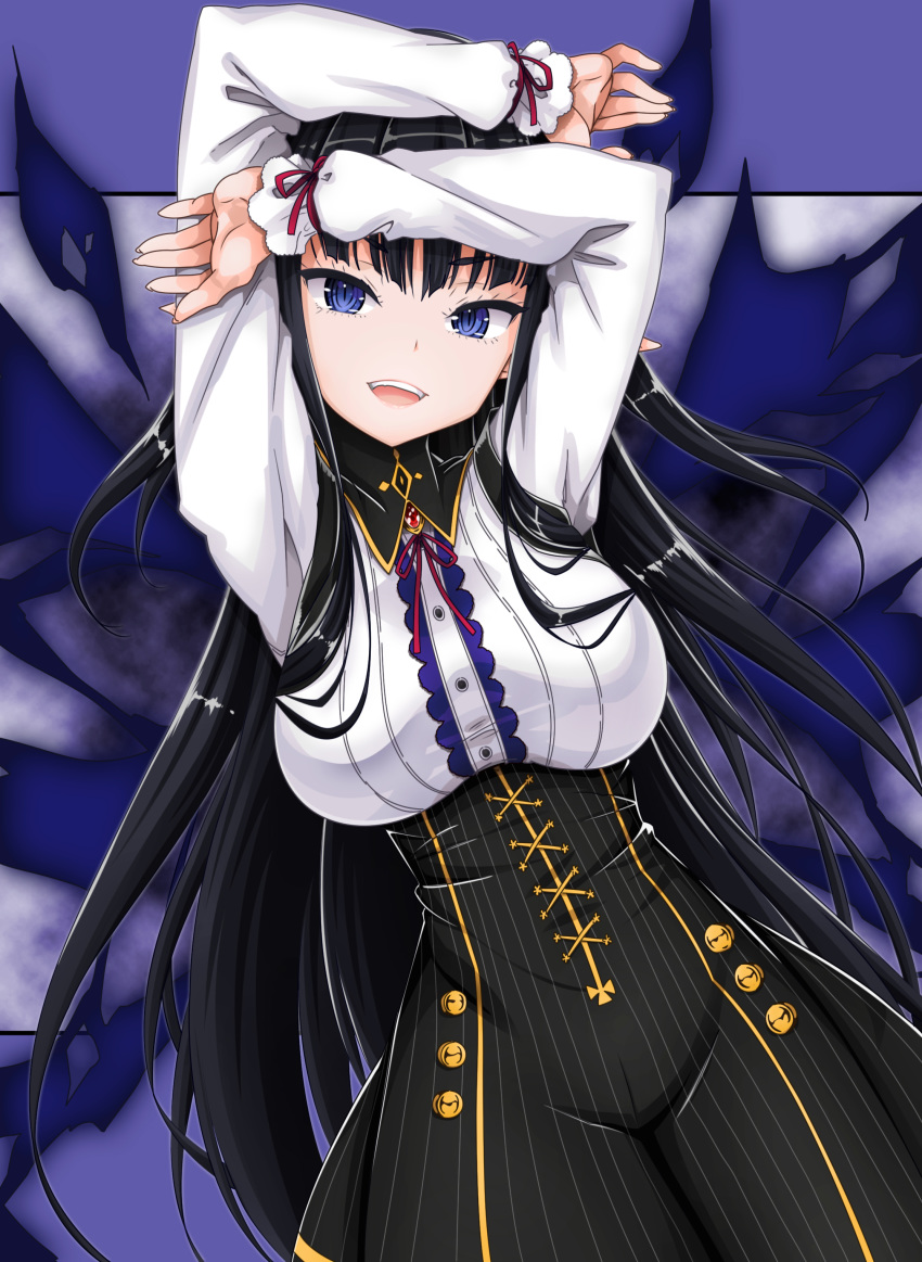 :d absurdres arms_up black_hair black_skirt blue_eyes choker colorized commentary_request cowboy_shot dress_shirt female floating_hair from_above high-waist_skirt high_school_dxd highres long_hair long_sleeves looking_at_viewer lying maximilian-destroyer miyama-zero neck_ribbon nyx_(high_school_dxd) official_art on_back open_mouth red_ribbon ribbon shirt skirt smile solo third-party_edit underbust very_long_hair white_shirt