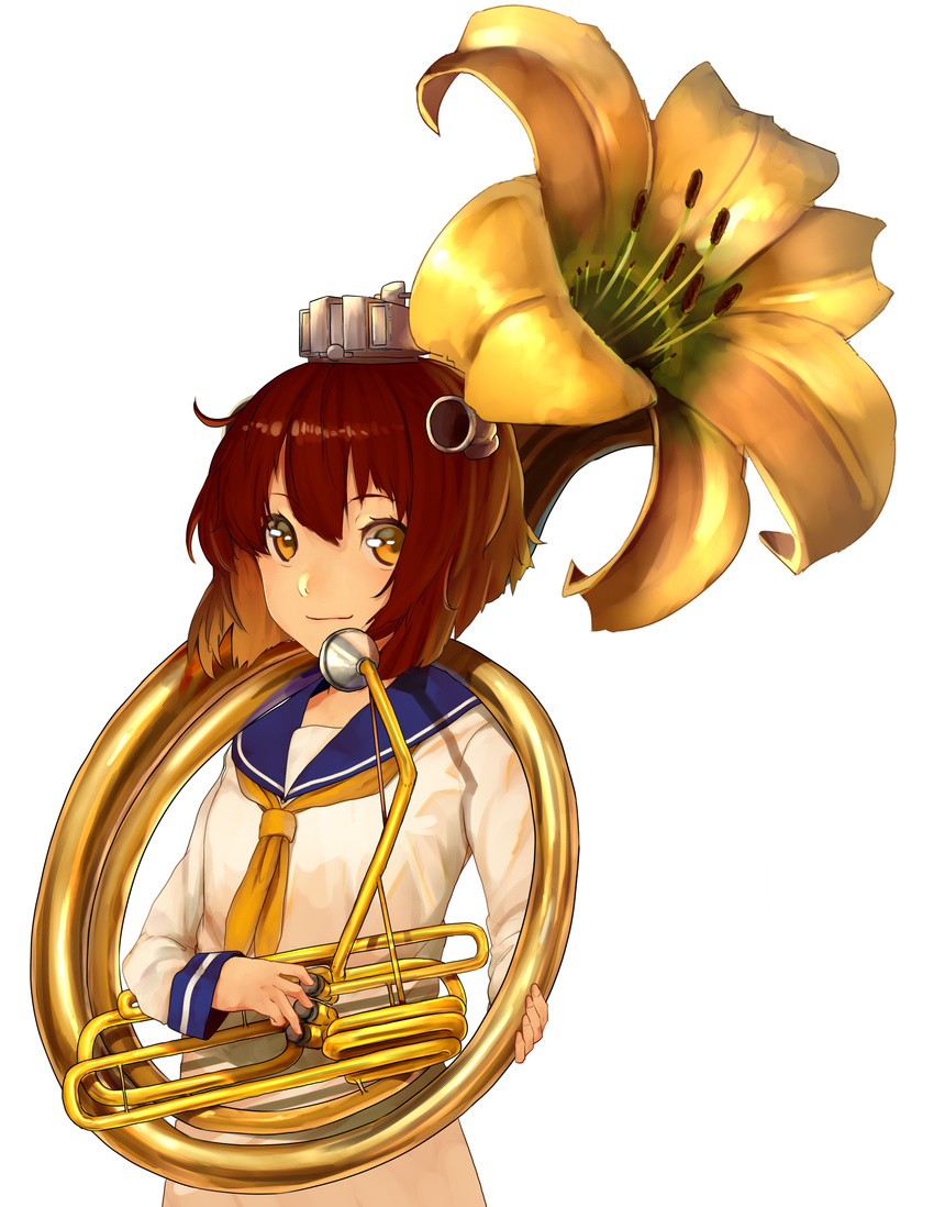 absurdres brown_eyes brown_hair commentary_request dress female flower hair_between_eyes headgear highres instrument kantai_collection lily_(flower) nanao_(aoyamahikari) neckerchief sailor_collar sailor_dress school_uniform serafuku short_hair simple_background solo tuba white_background yellow_neckerchief yukikaze_(kancolle)