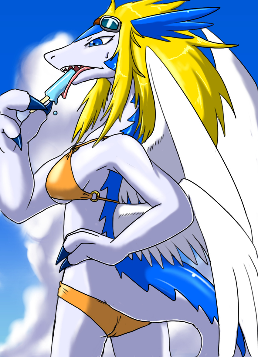 2017 anthro bikini blonde_hair blue_body blue_eyes blue_feathers breasts camel_toe claws clothed clothing cloud dragon eyewear feathered_dragon feathered_scalie feathers female food goggles hair hi_res legendz mythological_creature mythological_scalie mythology non-mammal_breasts open_mouth outside popsicle rule_63 scalie shiron sky solo standing swimwear tail tarian tongue tongue_out white_body white_feathers wings