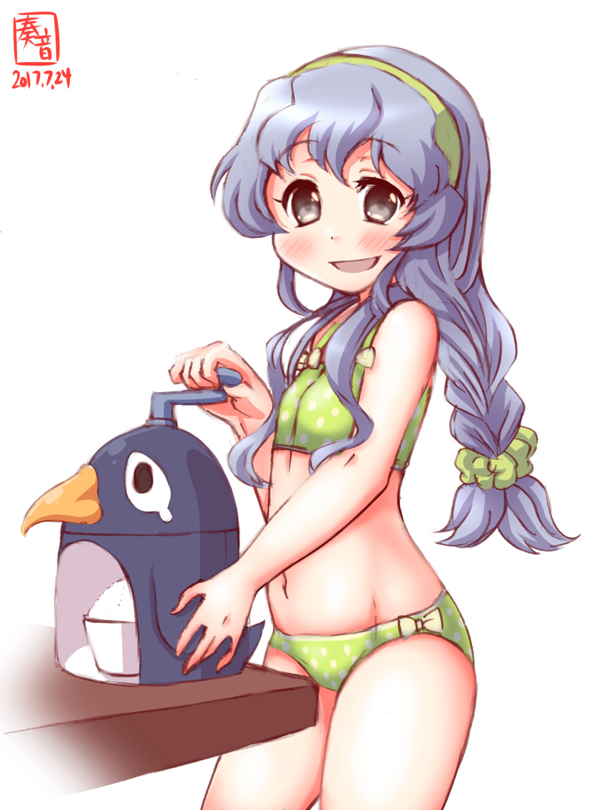 artist_logo artist_name bikini braid commentary_request cowboy_shot dated failure_penguin female flat_chest green_bikini grey_eyes grey_hair highres ice_shaver kanon_(kurogane_knights) kantai_collection long_hair polka_dot polka_dot_bikini sidelocks signature simple_background single_braid solo swimsuit table themed_object wavy_hair white_background yamagumo_(kancolle)