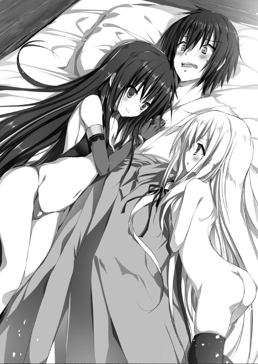 1boy 2girls bed_sheet bracelet breasts elbow_gloves eye_contact flat_chest from_above gloves greyscale hair_ribbon hakama hakama_skirt highres japanese_clothes jewelry kazehaya_kamito kimono long_hair looking_at_another lying monochrome multiple_girls non-web_source novel_illustration nude official_art on_back on_side panties pillow restia_ashdoll ribbon seirei_tsukai_no_blade_dance shimesaba_kohada sideboob skirt small_breasts smile terminus_est underwear very_long_hair