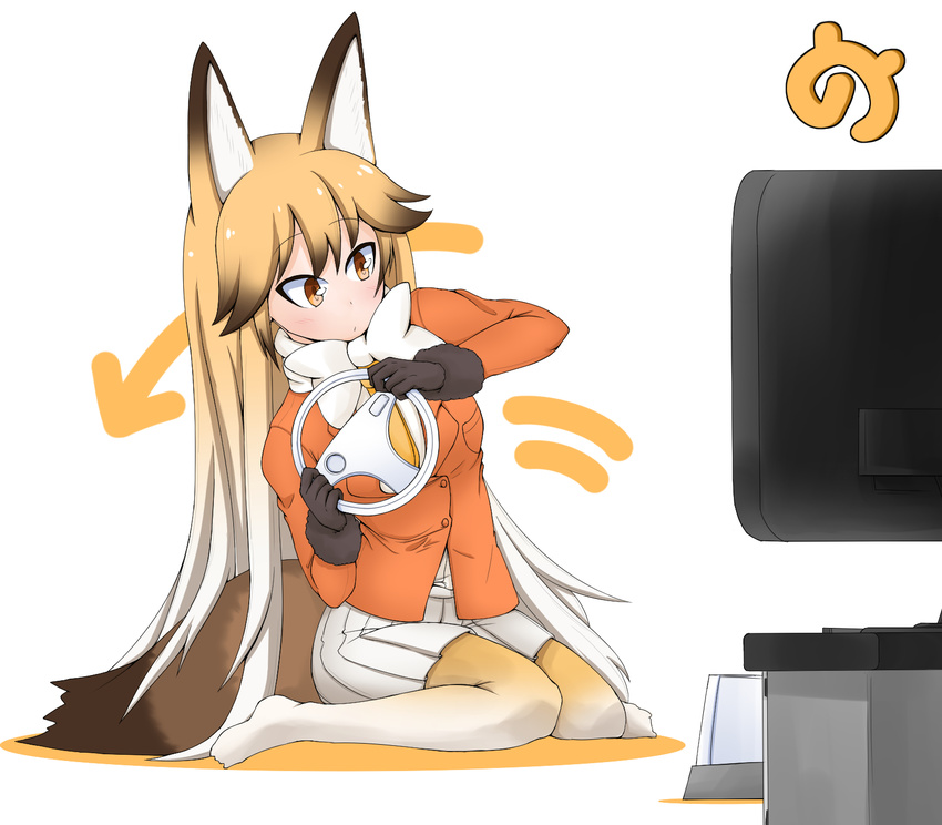 animal_ears arrow_(symbol) black_gloves blazer blonde_hair blush bow bowtie brown_hair closed_mouth commentary_request controller ezo_red_fox_(kemono_friends) female fox_ears fox_tail full_body fur_trim game_console game_controller gloves gradient_hair highres holding jacket japari_symbol kagura_roku kemono_friends leaning_to_the_side long_hair long_sleeves motion_lines multicolored_hair necktie no_shoes pantyhose playing_games pleated_skirt sitting skirt solo steering_wheel tail television very_long_hair wariza white_background white_bow white_bowtie white_hair white_skirt wii wii_racing_wheel yellow_bow yellow_necktie