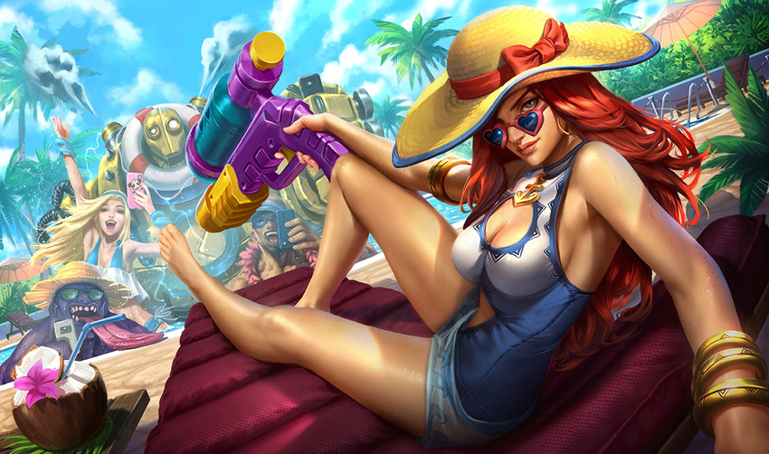 2boys 2girls armlet barefoot blitzcrank blonde_hair blue-tinted_eyewear blue_eyes bracelet breasts cellphone cleavage cleavage_cutout clothing_cutout colored_skin curly_hair dr._mundo feather_boa grey_eyes hairband hat heart heart-shaped_eyewear jewelry large_breasts league_of_legends lee_sin lifebuoy long_hair long_tongue looking_at_viewer looking_back looking_over_eyewear lux_(league_of_legends) miss_fortune_(league_of_legends) multiple_boys multiple_girls official_art one-piece_swimsuit outdoors palm_tree phone pool pool_party_(league_of_legends) pool_party_miss_fortune purple_skin red_hair robot sitting smartphone straw_hat sun_hat sunglasses super_soaker swim_ring swimsuit tinted_eyewear tongue tongue_out tree water_gun