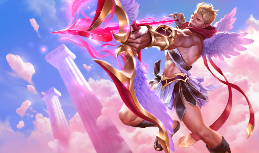 >_o 1boy abs aiming ancient_greek_clothes angel_wings archery arrow_(projectile) bara blue_sky bow_(weapon) bracer brown_hair closed_mouth cloud day flying glowing glowing_eyes greco-roman_clothes heartseeker_varus highres holding holding_arrow holding_bow_(weapon) holding_weapon league_of_legends male_focus muscular muscular_male official_alternate_costume official_art one_eye_closed outdoors sandals short_hair sixmorevodka sky solo thighs varus weapon wings