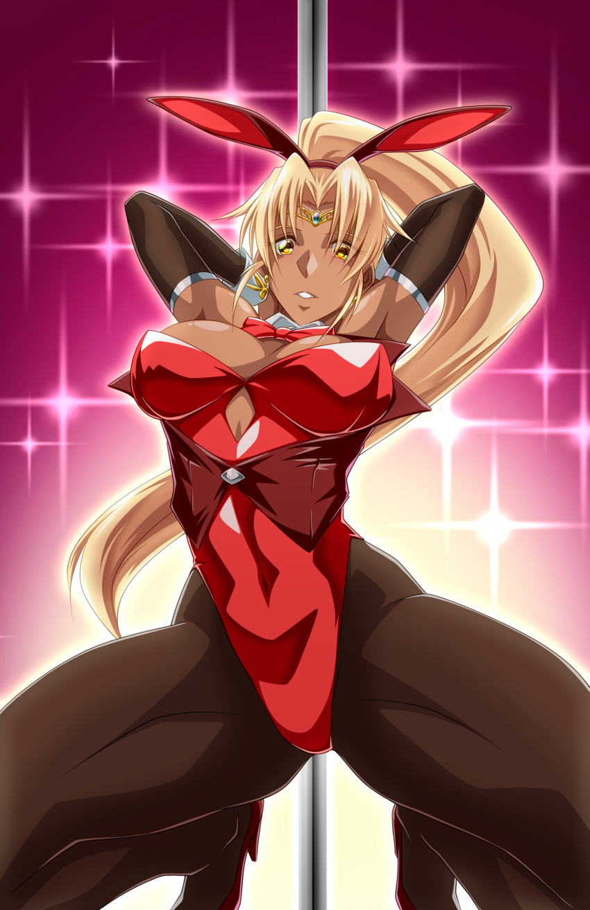 absurdres akuron_(acllon) animal_ears arm_warmers arms_up blonde_hair breasts circlet cleavage covered_navel dark-skinned_female dark_skin fake_animal_ears female gradient_background high_heels high_ponytail highres leotard long_hair looking_at_viewer parted_lips playboy_bunny pole_dancing red_footwear red_leotard sasha_(sennen_sensou_aigis) sennen_sensou_aigis solo sparkle squatting tan very_long_hair wrist_cuffs yellow_eyes