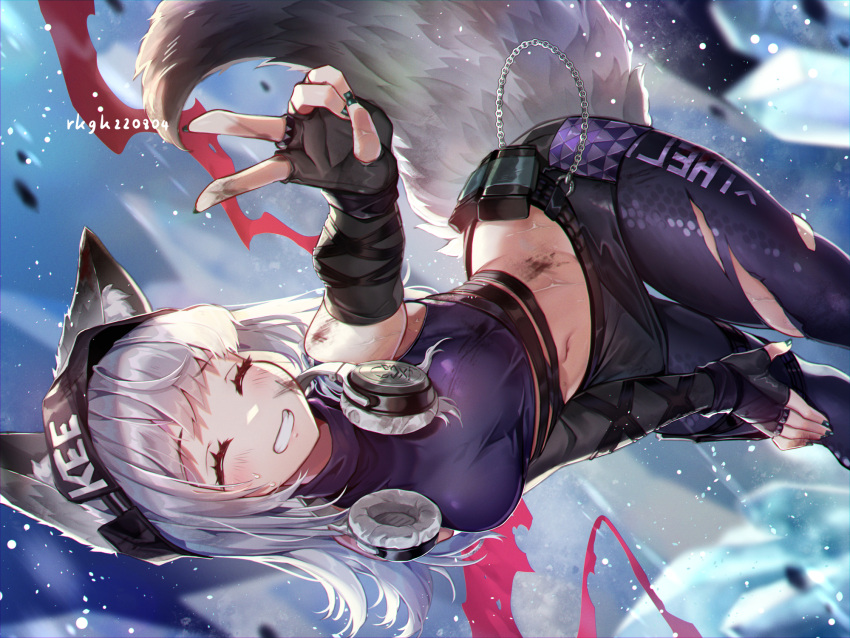 animal_ears arknights beanie black_gloves breasts chains closed_eyes commentary_request cowboy_shot crop_top dirty dirty_face ears_through_headwear female fingerless_gloves fox_ears fox_girl fox_tail frostleaf_(arknights) frostleaf_(breaking_the_ice)_(arknights) gloves green_nails grin hand_on_own_knee hat headphones headphones_around_neck highres layered_sleeves leaning_forward long_hair medium_breasts midriff navel ninjinshiru official_alternate_costume pants purple_shirt shirt sleeveless sleeveless_shirt smile solo stomach tail teeth torn_clothes torn_pants v white_hair woollen_cap