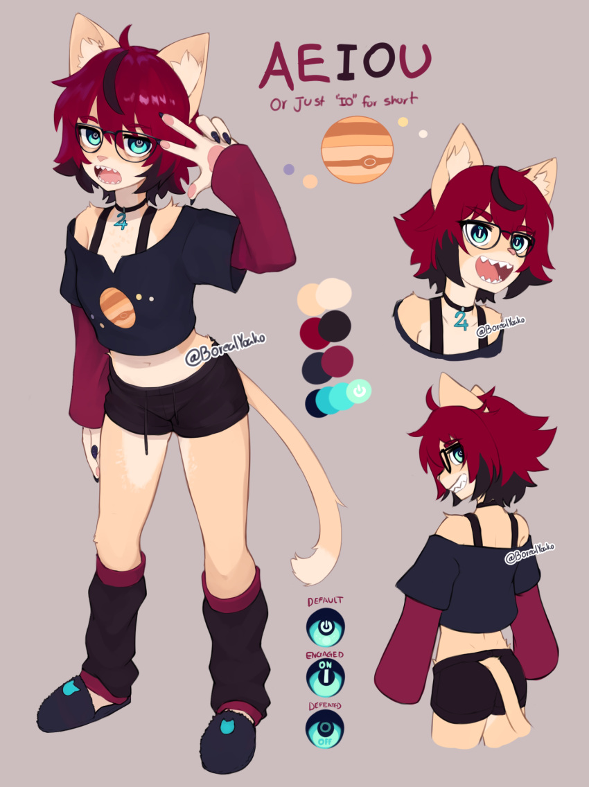 aeiou_(yoako) alchemical_symbol anthro astrological_symbol astronomical_symbol biped black_highlights blue_eyes bottomwear clothed clothing colored_nails crop_top domestic_cat english_text eyewear felid feline felis female female_anthro footwear glasses hair hi_res highlights_(coloring) jupiter_(planet) jupiter_symbol looking_back mammal midriff model_sheet multiple_poses nails navel open_mouth pawpads planet_symbol pose power_symbol pupils rear_view red_hair sharp_teeth shirt shoes shorts simple_background slippers solo square_pupils symbol symbol-shaped_pupils teeth text topwear unusual_pupils yoako