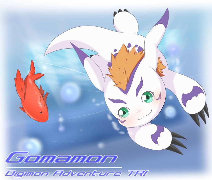 absurd_res ambiguous_gender bandai_namco blush bubble claws digimon digimon_(species) english_text feral fish fur gomamon green_eyes hair hi_res lying mammal marine markings mohawk open_mouth orange_hair outside pinniped purple_markings red_body simple_background smile solo text toe_claws toruu underwater water white_body white_fur