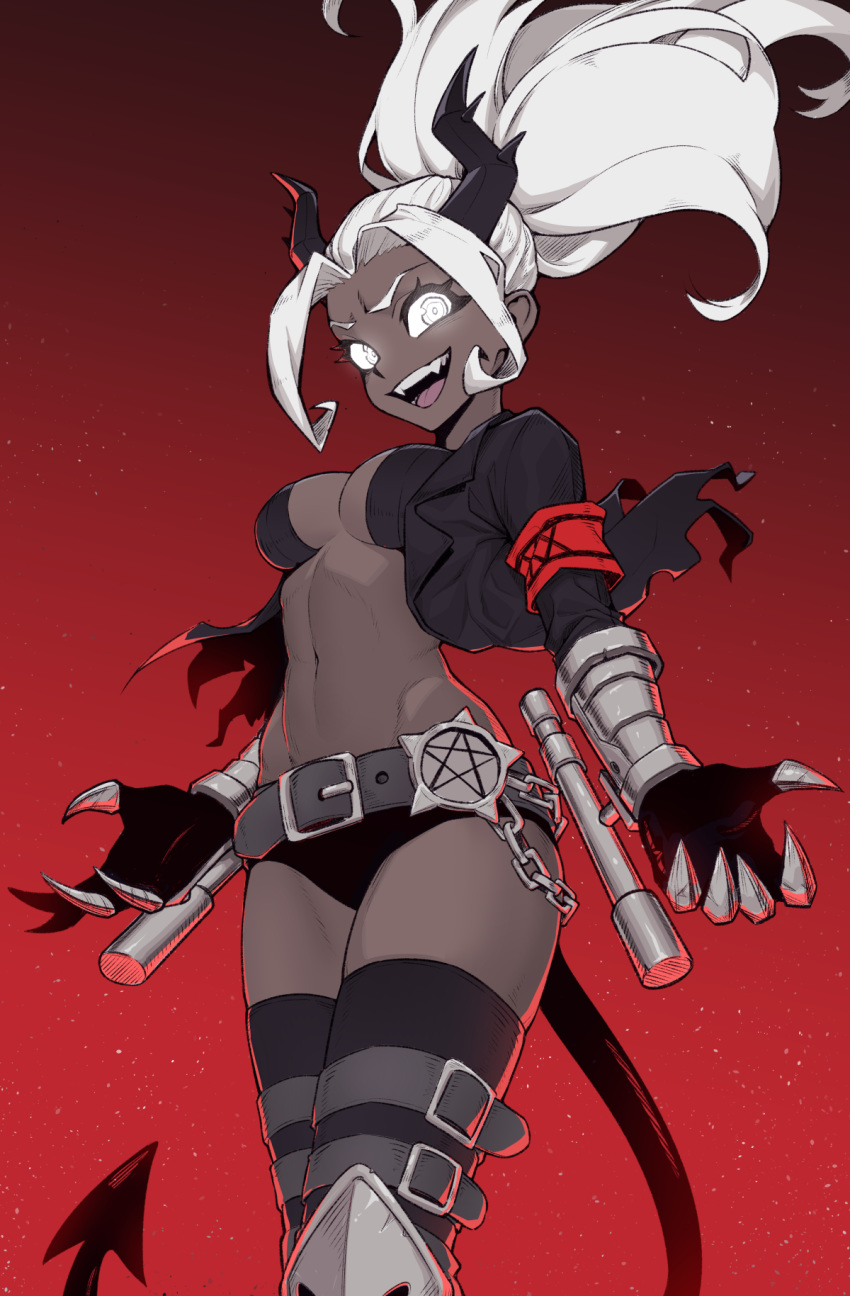 :d belt black_jacket black_panties black_thighhighs breasts chains cheshirrr clawed_gauntlets cleavage commentary dark-skinned_female dark_skin demon_horns demon_tail fangs female fingernails floating_hair from_below glowing glowing_eyes grey_belt helltaker highres horns jacket judgement_(helltaker) large_breasts long_hair long_sleeves looking_at_viewer navel open_mouth panties parted_bangs pentagram ponytail red_background sharp_fingernails simple_background smile solo tail thighhighs underwear weapon white_eyes white_hair