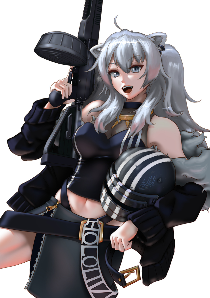 adidas animal_ears assault_rifle bare_shoulders belt belt_buckle black_jacket black_pants breasts buckle cleavage commentary cosplay crossover dated drum_magazine english_commentary escape_from_tarkov fangs female fur-trimmed_jacket fur_trim grey_eyes grey_hair gun hair_between_eyes highres hololive jacket jewelry killa_(escape_from_tarkov) killa_(escape_from_tarkov)_(cosplay) killa_helmet large_breasts light_machine_gun lion_ears lion_girl long_hair looking_at_viewer magazine_(weapon) navel necklace open_mouth pants rifle rpk-16 see-through see-through_cleavage shirt shishiro_botan shishiro_botan_(1st_costume) signature solo ssgt-lulz trigger_discipline virtual_youtuber weapon white_background zipper