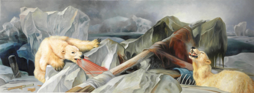 1864 19th_century absurd_res ambiguous_gender ancient_art arctic bear black_eyes bone canvas closed_eyes cloud cloudy_(disambiguation) cloudy_sky cropped day destroyed_vehicle detailed_background duo eating edwin_henry_landseer feral formal_art fur hi_res ice iceberg mammal mast outside painting_(artwork) polar_bear ribs shipwreck skeleton sky snow spyglass telescope text torn_fabric traditional_media_(artwork) tundra url ursine water white_body white_fur winter