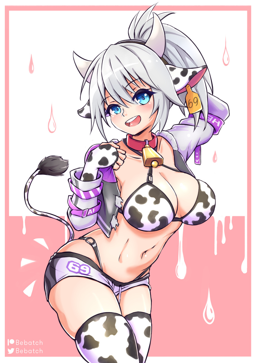 absurdres animal_ears animal_print bebatch bell bikini bikini_top_only blue_eyes breasts collar cow_ears cow_girl cow_horns cow_print cow_print_bikini cowbell cowboy_shot ear_tag elbow_gloves female fingerless_gloves gloves highres horns large_breasts looking_at_viewer melody_(projektmelody) neck_bell ponytail print_bikini shorts smile solo swimsuit thighhighs virtual_youtuber vshojo white_hair white_shorts