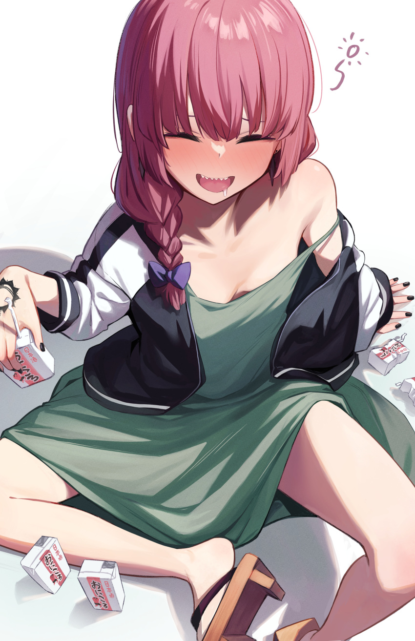 ^_^ absurdres alcohol_carton bare_shoulders black_nails blush bocchi_the_rock! borushichi braid breasts cleavage closed_eyes dress drooling drunk female fingernails foot_out_of_frame green_dress hand_tattoo highres hiroi_kikuri jacket legs long_hair nail_polish off-shoulder_dress off_shoulder open_clothes open_jacket open_mouth red_hair saliva sandals sharp_teeth simple_background single_braid sitting small_breasts smile solo squeans tabi tattoo teeth thighs upper_teeth_only white_background