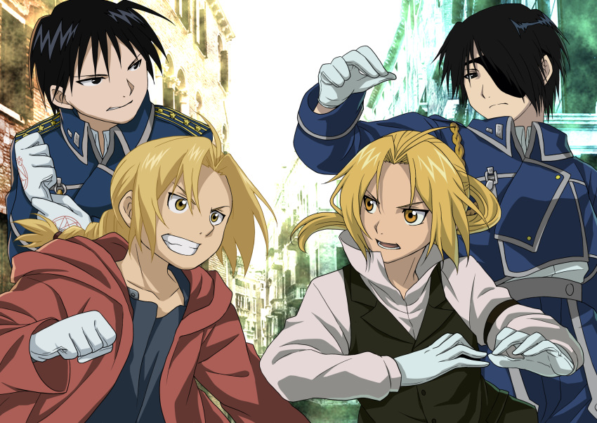 4boys ahoge amestris_military_uniform anime_coloring black_hair blonde_hair braid conqueror_of_shambala dual_persona edward_elric eyepatch fullmetal_alchemist gloves grin highres long_hair military military_uniform multiple_boys official_style open_mouth ponytail roy_mustang shirt short_hair smile soraeda uniform upper_body white_gloves yellow_eyes