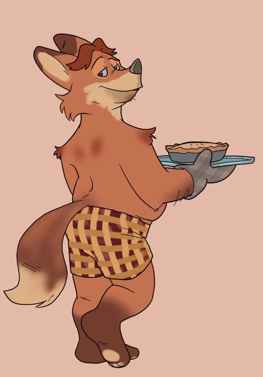 2023 anthro ass belly black_nose canid canine clothing dessert disney food fox gideon_grey hi_res male mammal orange_body pastry pie pocketfurry red_fox simple_background slightly_chubby solo true_fox underwear zootopia