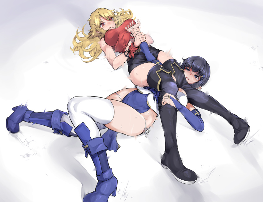 2girls armbar belt black_hair black_shorts blonde_hair boots borrowed_character brown_belt brown_eyes depo_(typebaby505) from_above grabbing high_heel_boots high_heels highres holding_another's_arm joint_lock leotard long_hair looking_down looking_to_the_side lying multiple_girls original red_shirt shirt short_hair shorts sweat thigh_boots thighhighs trembling wrestling