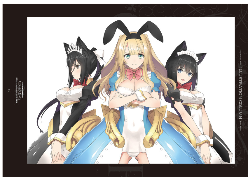 3girls absurdres animal_ears black_hair blonde_hair blue_eyes bow breasts brown_eyes cat_ears cleavage crossed_arms gold_trim green_eyes guilty_princess hair_ornament hairbow highres leotard long_hair long_sleeves looking_at_viewer maidroid_alice maidroid_chloe maidroid_miao medium_breasts multiple_girls non-web_source open_mouth overskirt own_hands_together page_number puffy_short_sleeves puffy_sleeves rabbit_ears red_bow short_hair short_sleeves showgirl_skirt simple_background smile tony_taka white_background wrist_cuffs