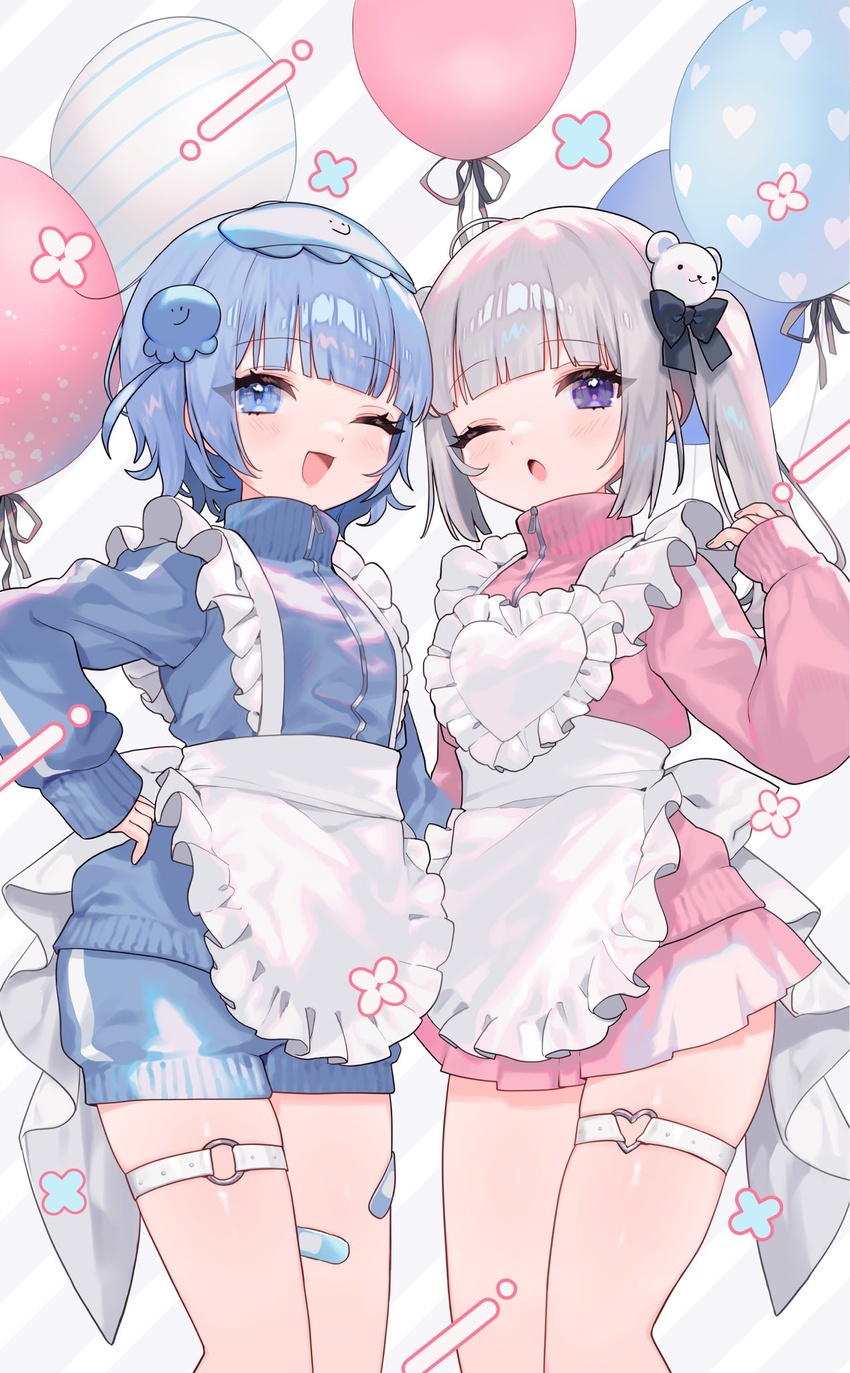 2girls ;d apron balloon bandaid bandaid_on_leg bear_hair_ornament black_bow blue_eyes blue_hair blue_jacket blue_shorts blunt_bangs blush bow frilled_apron frills grey_hair hair_ornament hairbow hand_on_own_hip heart_o-ring highres indie_utaite jacket jellyfish_hair_ornament jersey_maid long_hair long_sleeves looking_at_viewer maid multiple_girls o-ring o-ring_thigh_strap one_eye_closed open_mouth original pink_jacket pink_skirt purple_eyes saku_nosuke second-party_source short_hair shorts skindentation skirt sleep_mask smile standing symmetrical_pose symmetry thigh_strap track_jacket twintails unconventional_maid utaite white_apron wotoha_(character) yukimura-chan