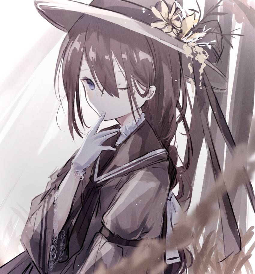 \||/ armband blurry braid braided_ponytail brown_hair brown_neckerchief closed_mouth depth_of_field dot_nose female finger_to_mouth flower gloves grey_eyes hair_ribbon hat hat_flower hat_ribbon highres long_hair looking_at_viewer miyu_(miy_u1308) neckerchief one_eye_closed original ribbon sailor_collar single_braid solo upper_body white_gloves white_ribbon