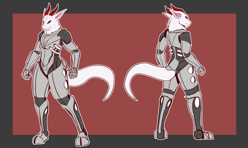 2022 5:3 absurd_res anthro black_sclera blue_eyes dragon fingers front_view hi_res horn male model_sheet mythological_creature mythological_scalie mythology rear_view red_horn scalie solo standing tail the_man white_body