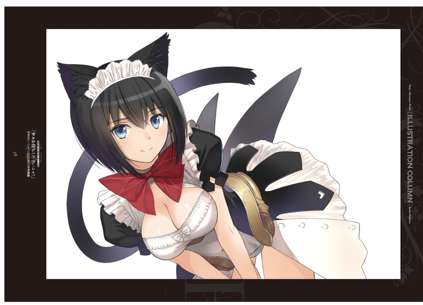 absurdres animal_ears black_hair blue_eyes blush bow breasts cat_ears cat_tail cleavage closed_mouth female guilty_princess hair_ornament highres leaning_forward looking_at_viewer maid maid_headdress maidroid_miao medium_breasts non-web_source page_number puffy_short_sleeves puffy_sleeves red_bow scan shiny_skin short_hair short_sleeves showgirl_skirt simple_background smile solo tail tony_taka