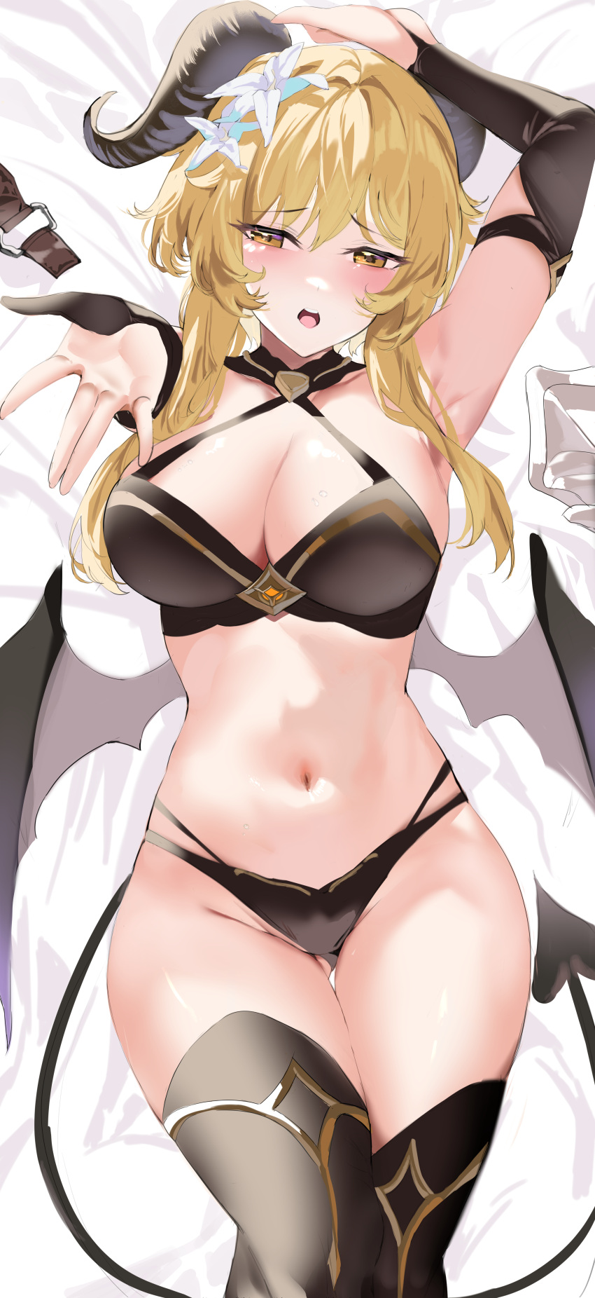 absurdres arm_up armpits black_panties black_thighhighs blonde_hair blush breasts bridal_gauntlets chinese_commentary cleavage commentary_request demon_girl demon_horns demon_tail female flower genshin_impact hair_flower hair_ornament highres horns large_breasts looking_at_viewer lumine_(genshin_impact) lying navel on_back open_mouth panties revision shiben_(ugvu5784) solo stomach tail thighhighs thighs underwear wings yellow_eyes