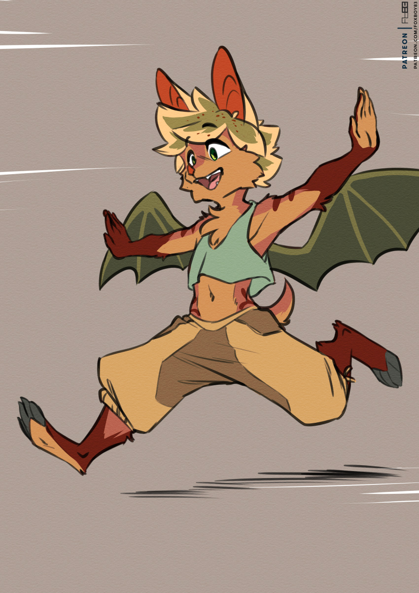 4_toes absurd_res anthro barefoot bat blonde_hair clothed clothing countershade_feet countershading digital_media_(artwork) feet foxboy83 fully_clothed hair happy hi_res kiribat male mammal membrane_(anatomy) membranous_wings midriff plantigrade running simple_background soles solo toes wings