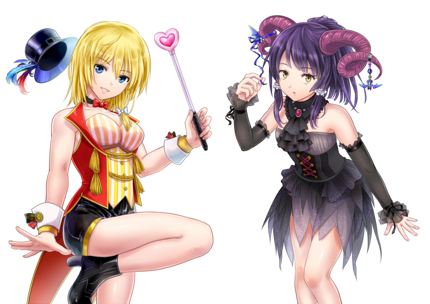 2girls alternate_costume ascot bare_shoulders black_ascot black_collar black_dress black_footwear black_shorts black_sleeves blonde_hair blue_ribbon bow breasts charm_(object) choker collar collarbone commentary_request cookie_(touhou) corset cowboy_shot demon_horns detached_sleeves dress frilled_dress frilled_sleeves frills hair_between_eyes hairbow hakurei_reimu hat hat_feather heart high_heels highres holding holding_wand horn_ornament horn_ribbon horns ketsuholdes kinu_(cookie) kirisame_marisa latex leg_up looking_at_viewer medium_breasts medium_hair mugi_(cookie) multiple_girls open_mouth purple_hair red_bow red_vest ribbon short_shorts shorts sidelocks simple_background smile strapless strapless_dress tassel teeth top_hat touhou transparent_background vest wand white_bow wrist_cuffs yellow_eyes