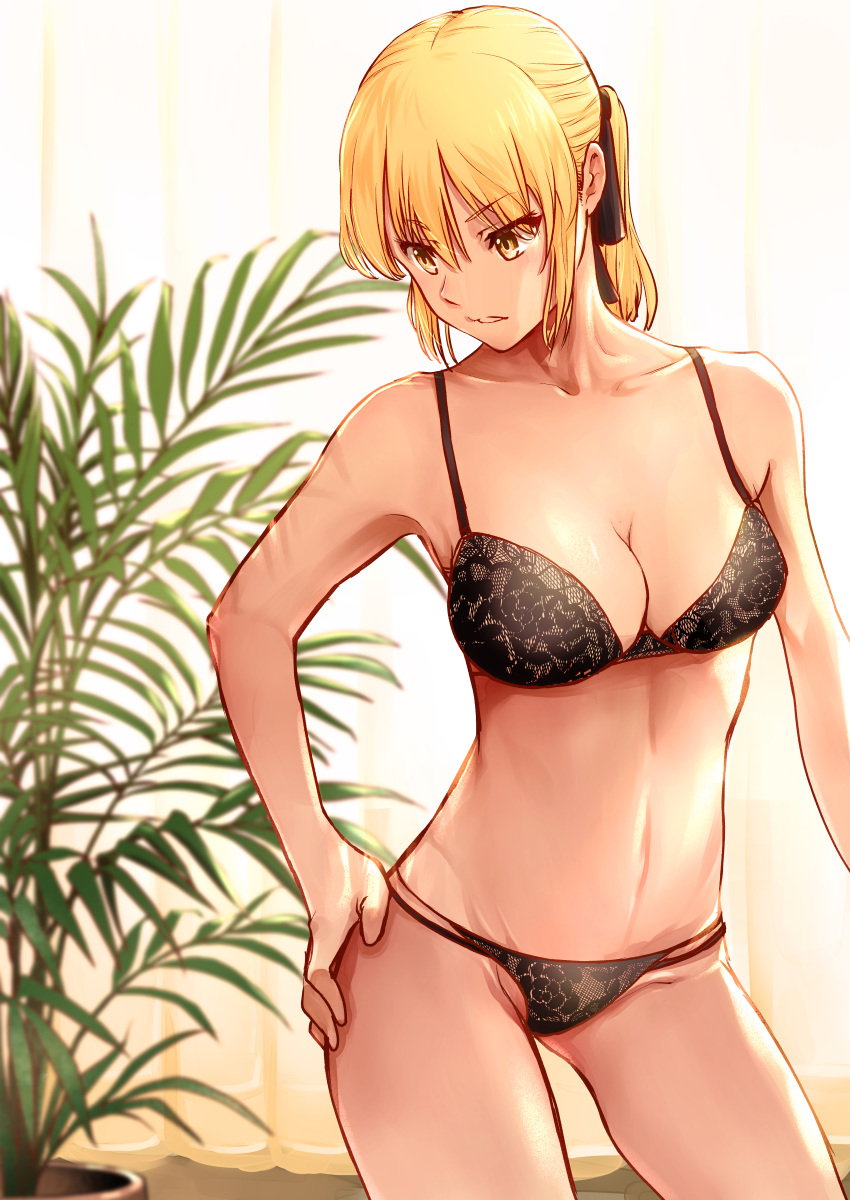 absurdres artoria_pendragon_(fate) bad_id bad_pixiv_id black_bra black_panties black_ribbon blurry blurry_background bra breasts cleavage collarbone fate/stay_night fate_(series) female hair_between_eyes hair_ribbon hand_on_own_hip highres medium_breasts multiple_panties nakanishi_tatsuya panties parted_lips ponytail ribbon saber_alter solo underwear underwear_only white_background yellow_eyes