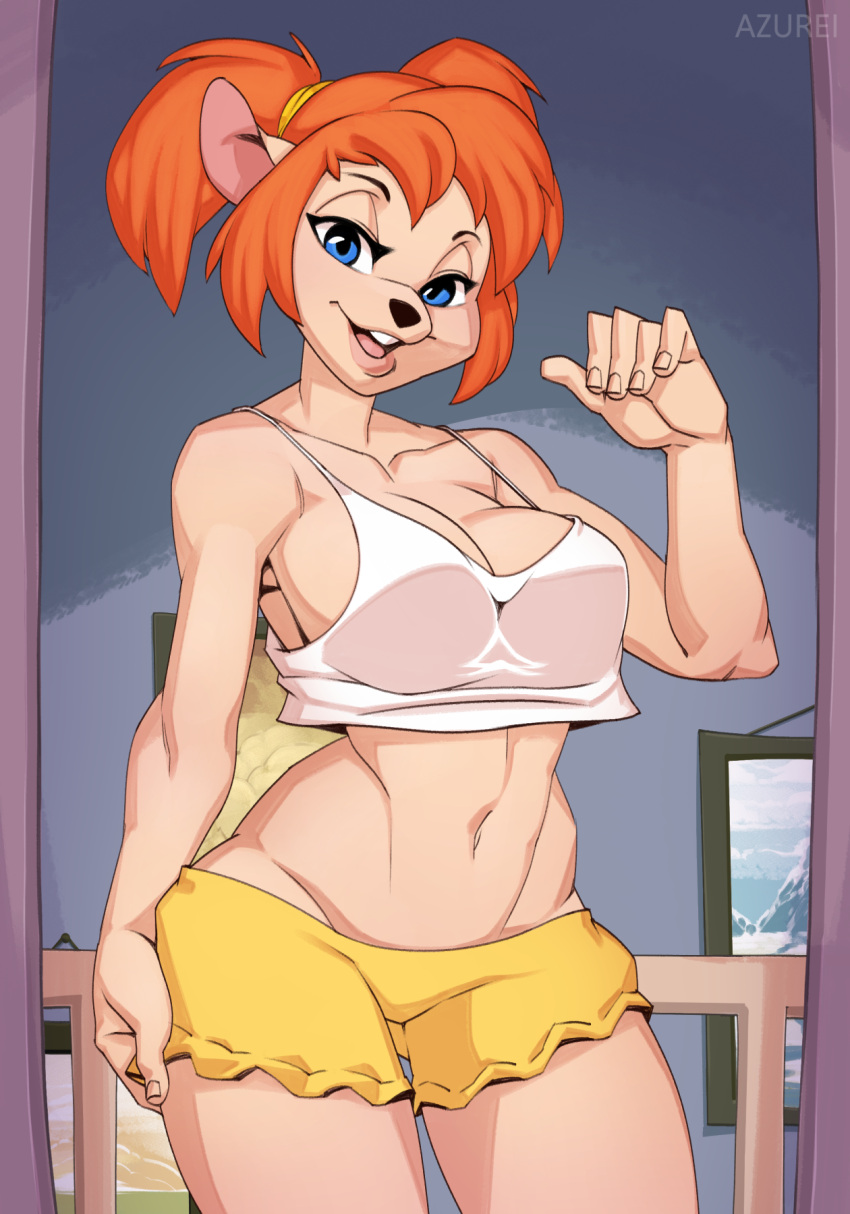 2021 aged_up anthro azurei big_breasts bottomwear breasts cleavage clothed clothing disney female goof_troop hair hi_res mammal orange_hair pistol_pete shorts solo thick_thighs v-cut