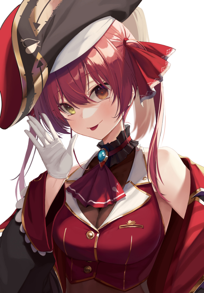 armpits ascot bad_id bad_twitter_id bare_shoulders black_coat black_hat breasts brooch cleavage closed_mouth coat crop_top female gloves gold_trim hand_up hat heterochromia highres hololive houshou_marine houshou_marine_(1st_costume) jewelry large_breasts leotard leotard_under_clothes long_hair long_sleeves looking_at_viewer no_eyepatch off_shoulder open_clothes open_coat pirate_hat red_eyes red_hair red_vest see-through see-through_cleavage see-through_leotard simple_background smile solo soya_(torga) tongue tongue_out twintails upper_body vest virtual_youtuber white_background white_gloves wing_collar yellow_eyes