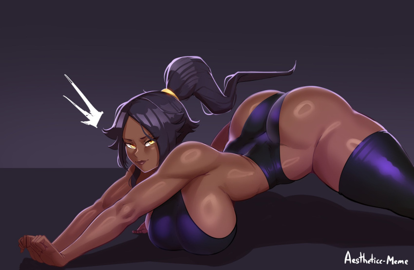 aestheticc-meme ass black_hair bleach bleach:_sennen_kessen-hen breasts closed_mouth commentary convenient_censoring curvy dark-skinned_female dark_skin english_commentary female hanging_breasts highres huge_ass large_breasts ponytail shihouin_yoruichi solo stretching tail thick_thighs thighs variant_set