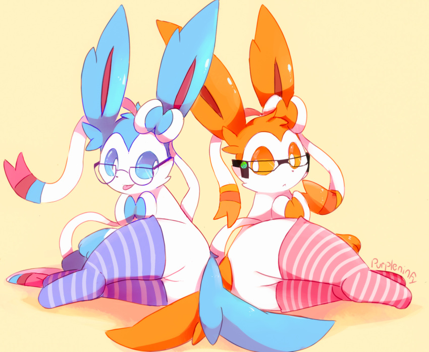 blue_body blue_fur clothing duo eeveelution eyewear feral fur generation_6_pokemon glasses hi_res legwear nintendo orange_body orange_fur pokemon pokemon_(species) purpleninfy stockings sylveon tongue tongue_out white_body white_fur