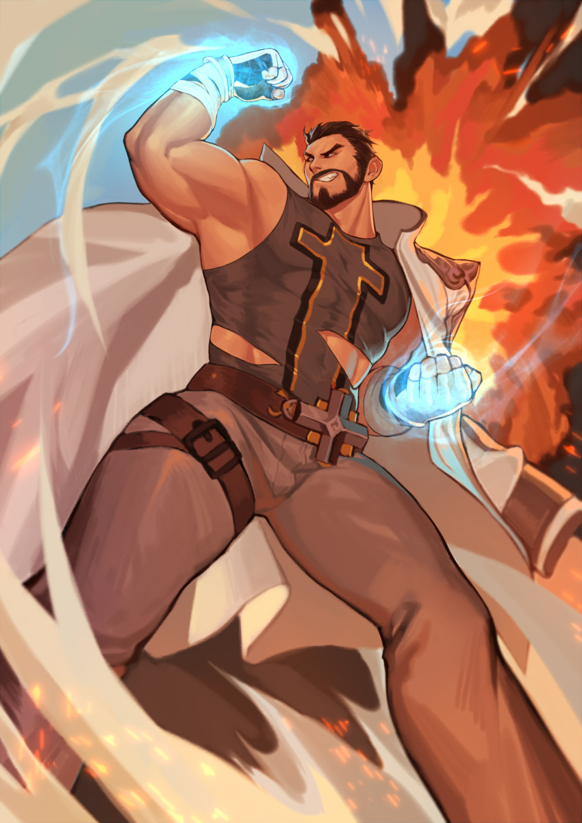 1boy abs absurdres armpits bad_id bad_pixiv_id baimeme bandages bara beard biceps black_eyes black_hair blue_fire cape clenched_hands cross dungeon_and_fighter explosion facial_hair fighting fighting_stance fire gloves glowing glowing_fist highres leather leather_belt leg_belt looking_to_the_side male_focus male_priest_(dungeon_and_fighter) manly mature_male monk_(dungeon_and_fighter) muscular muscular_male oerba_yun_fang pants pectorals shirt sleeveless smirk solo thick_arms thick_eyebrows thick_thighs thighs tight_clothes