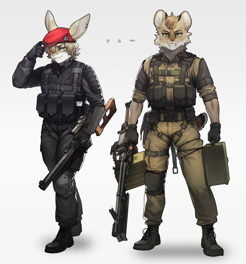 2021 absurd_res anthro beret boots clothing digital_media_(artwork) ear_piercing extinct eyebrows eyelashes fangs felid feline footwear fur gloves green_eyes gun hair hair_over_eye handwear hat headgear headwear hi_res knee_pads lagomorph leporid looking_at_viewer lynx machine_gun male mammal metal_gear_solid_v one_eye_obstructed pgm300 piercing pkm prehistoric_species rabbit ranged_weapon rifle saber-toothed_tiger sabertooth_(anatomy) shaded sniper_rifle soft_shading solo tan_body tan_fur teeth vss_vintorez weapon