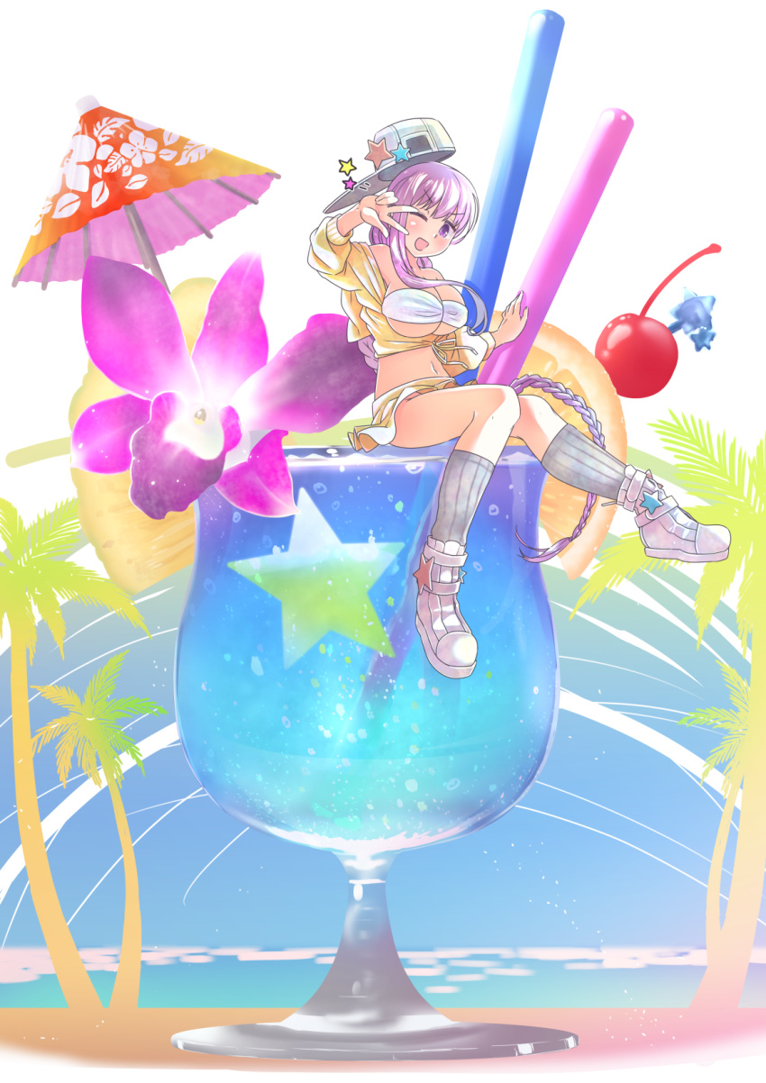 backwards_hat bare_shoulders baseball_cap bb_(fate) bb_(swimsuit_mooncancer)_(fate) bb_(swimsuit_mooncancer)_(first_ascension)_(fate) blush breasts cleavage cropped_jacket cup drinking_glass drinking_straw fate/grand_order fate_(series) female hat highres jacket large_breasts long_hair long_sleeves looking_at_viewer loose_socks mentaiko_mamire navel off_shoulder one_eye_closed open_mouth oversized_object palm_tree purple_eyes purple_hair sitting skirt smile socks star_(symbol) tree umbrella very_long_hair w white_background white_footwear white_headwear yellow_jacket yellow_skirt