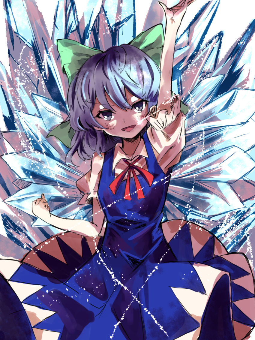 arm_up blue_dress blue_eyes blue_hair blush bow breasts cirno collared_shirt commentary dress fairy_wings female flat_chest green_bow hair_between_eyes hairbow highres ice ice_wings long_dress looking_at_viewer neck_ribbon open_mouth pinafore_dress puffy_short_sleeves puffy_sleeves red_ribbon ribbon shirt short_hair short_sleeves simple_background sleeveless sleeveless_dress small_breasts smile solo sutaku77224 tongue touhou v-shaped_eyebrows white_background white_shirt wings