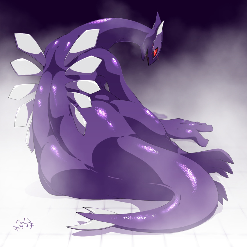 1:1 ambiguous_gender biidama feral generation_3_pokemon glistening glistening_body glowing glowing_eyes hi_res legendary_pokemon nintendo on_ground pokemon pokemon_(species) red_eyes scales shadow_lugia shadow_pokemon sitting solo steam wide_hips