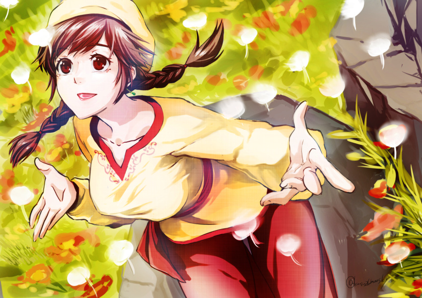 braid breasts brown_eyes brown_hair chinese_clothes day earrings female floral_background floral_print flower grass jewelry kusu_(moo1225) leaning_forward ling_shen_hua lips looking_away open_hands open_mouth outdoors pants petals red_pants red_sash rock sash shenmue shenmue_iii shirt signature smile solo twin_braids yellow_headwear yellow_shirt